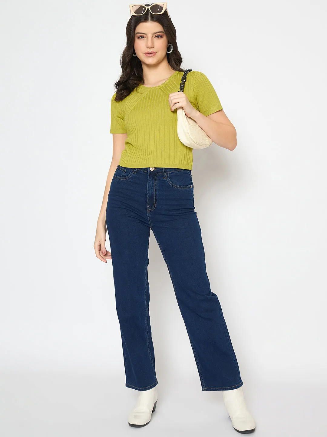 Madame Ribbed Sold Green Knitted Crop Top Winter Layer Reflective details