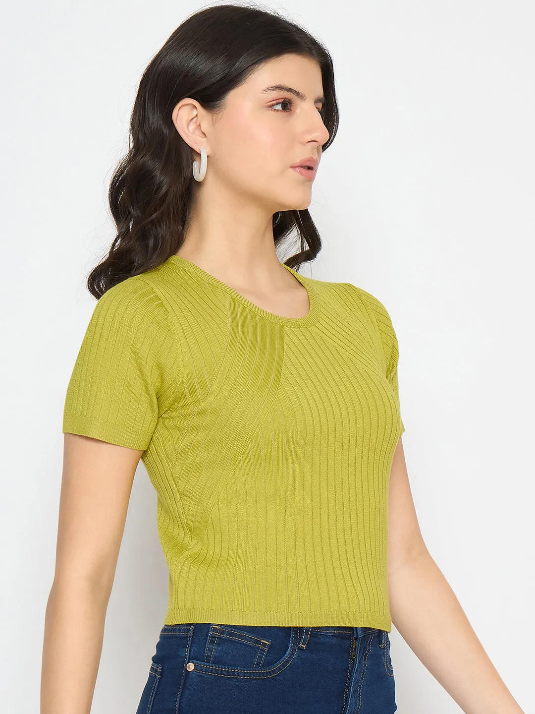 DoubleLayered Structure Madame Ribbed Sold Green Knitted Crop Top