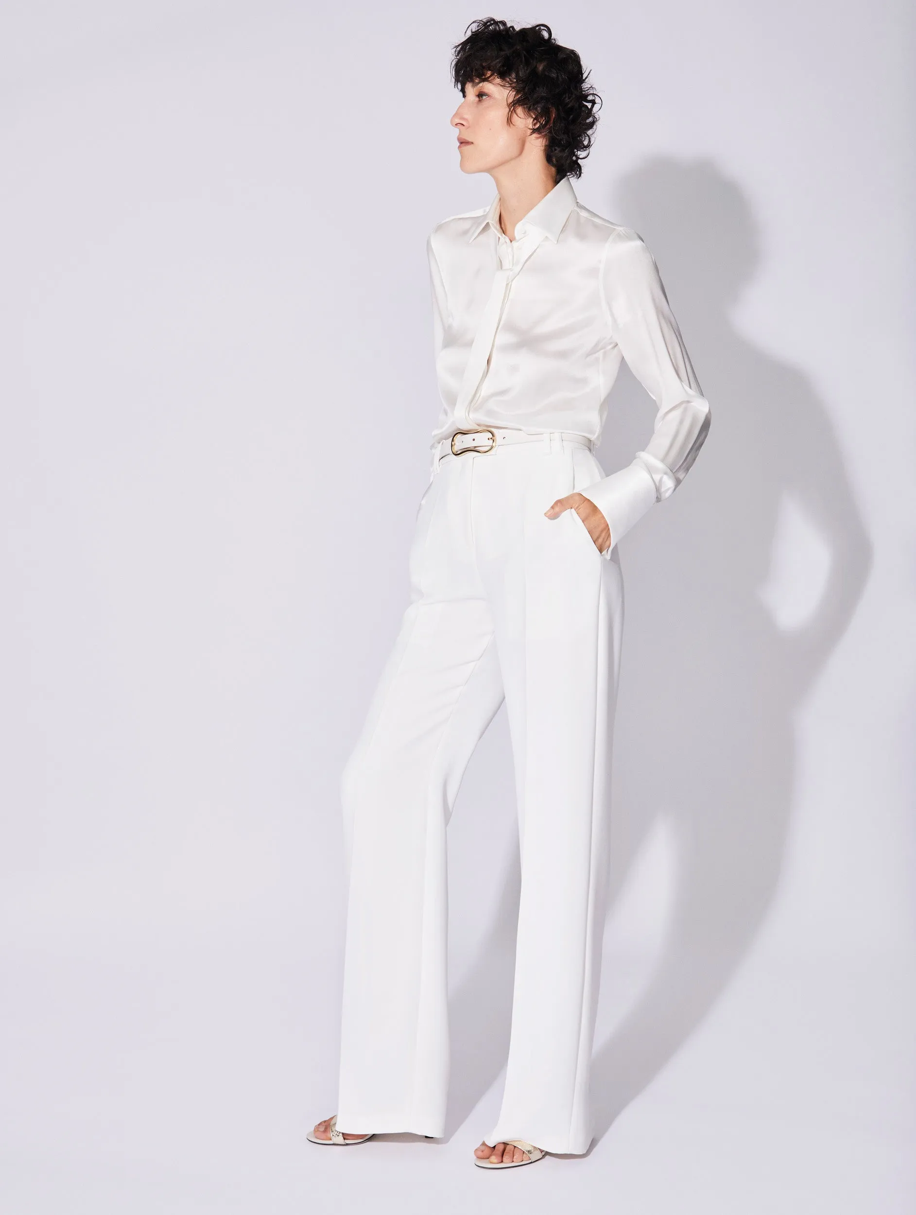 Flexible Activewear FlexibleMobilityDesign White crepe high waisted flared trousers