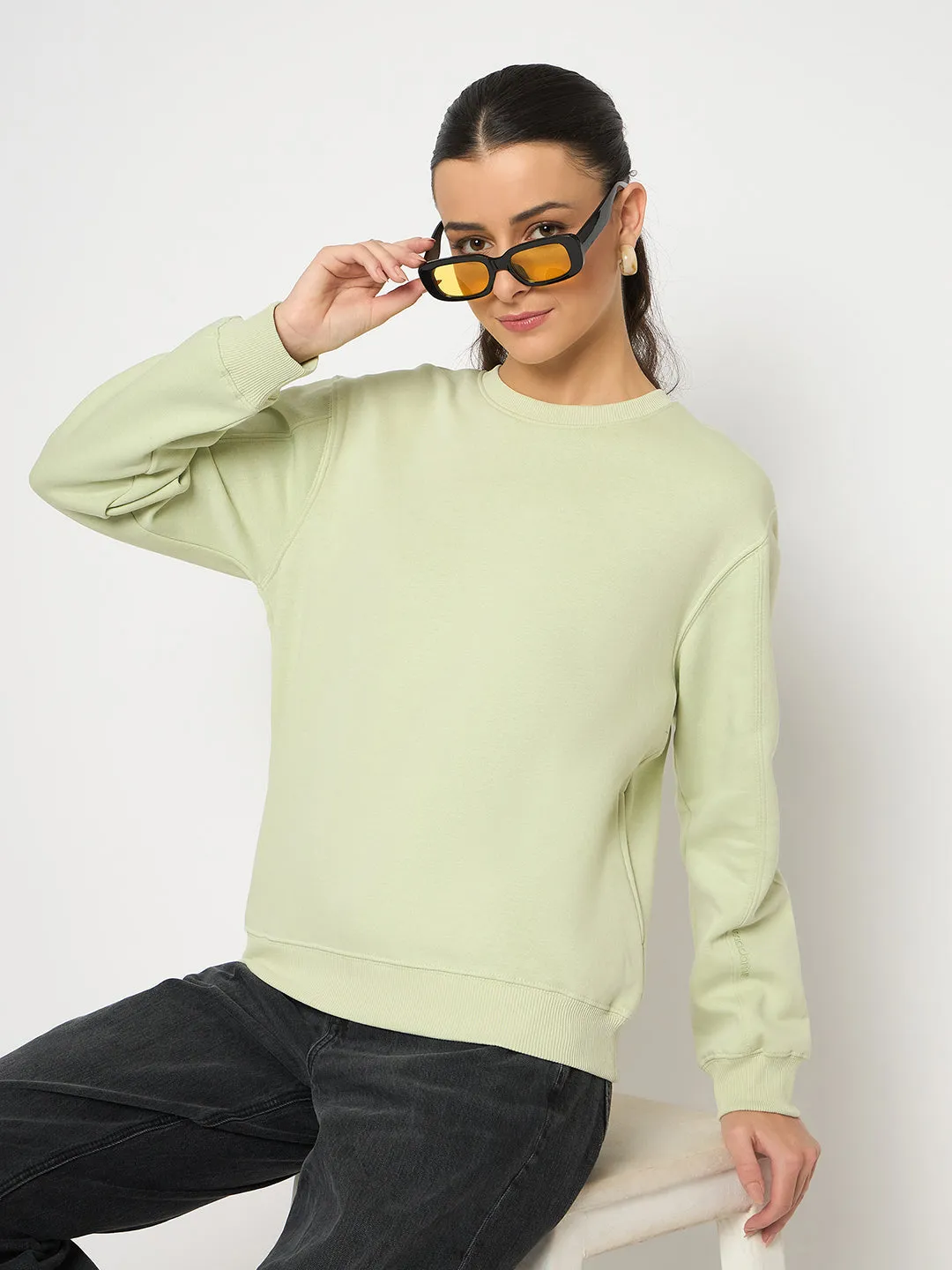 Madame Cotton Blend Solid Apple Green Sweatshirt product checkered classicism Fresh Sporty