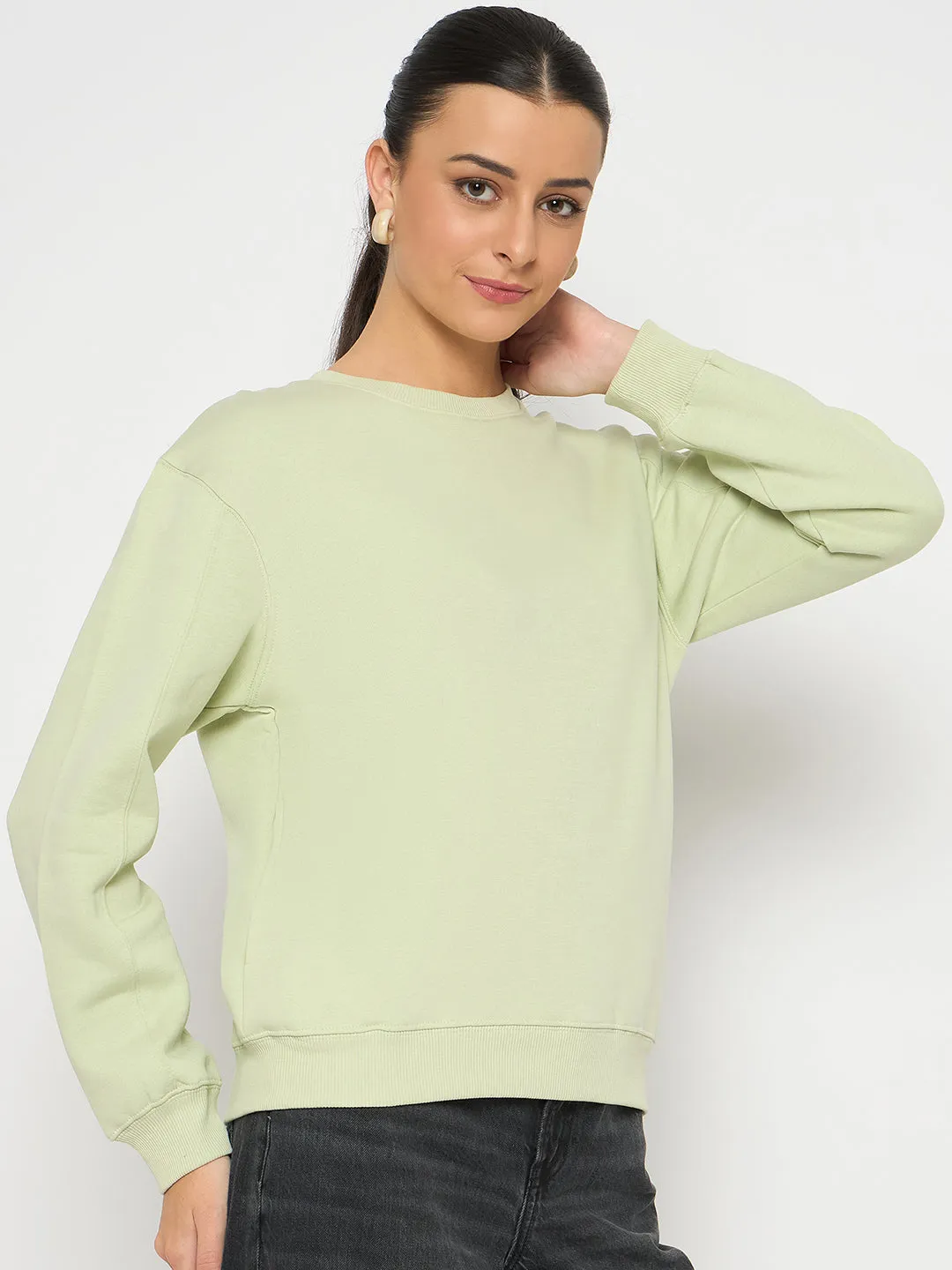 Madame Cotton Blend Solid Apple Green Sweatshirt Urban Look product tag identification