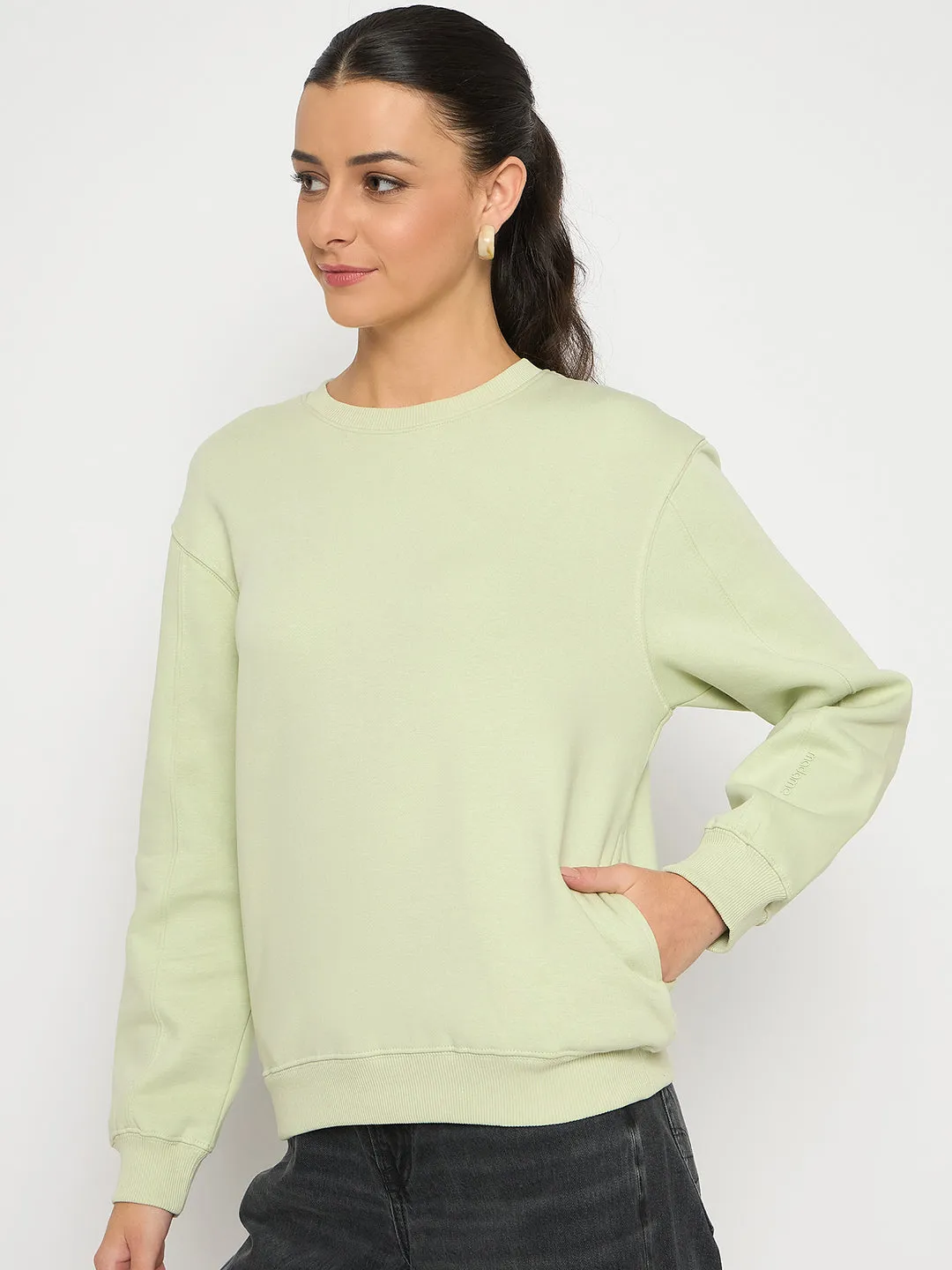 Removable product mass production efficiency Madame Cotton Blend Solid Apple Green Sweatshirt