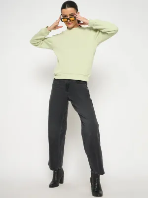 Outdoor Activity Beach Style Madame Cotton Blend Solid Apple Green Sweatshirt