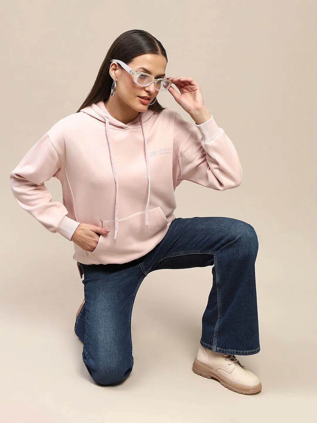 Madame Cotton Placement Print Hooded Dusty Pink Sweatshirt Drawstring