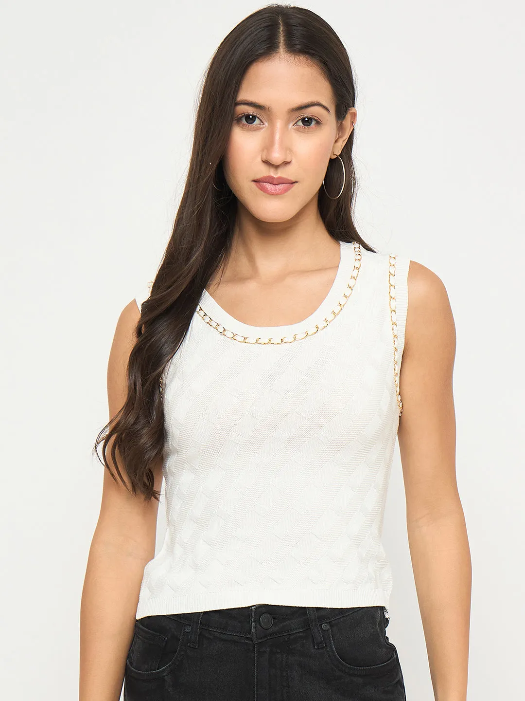 Sporty Gear Weather resistant Madame Chain Accented Sleeveless White Knitted Top
