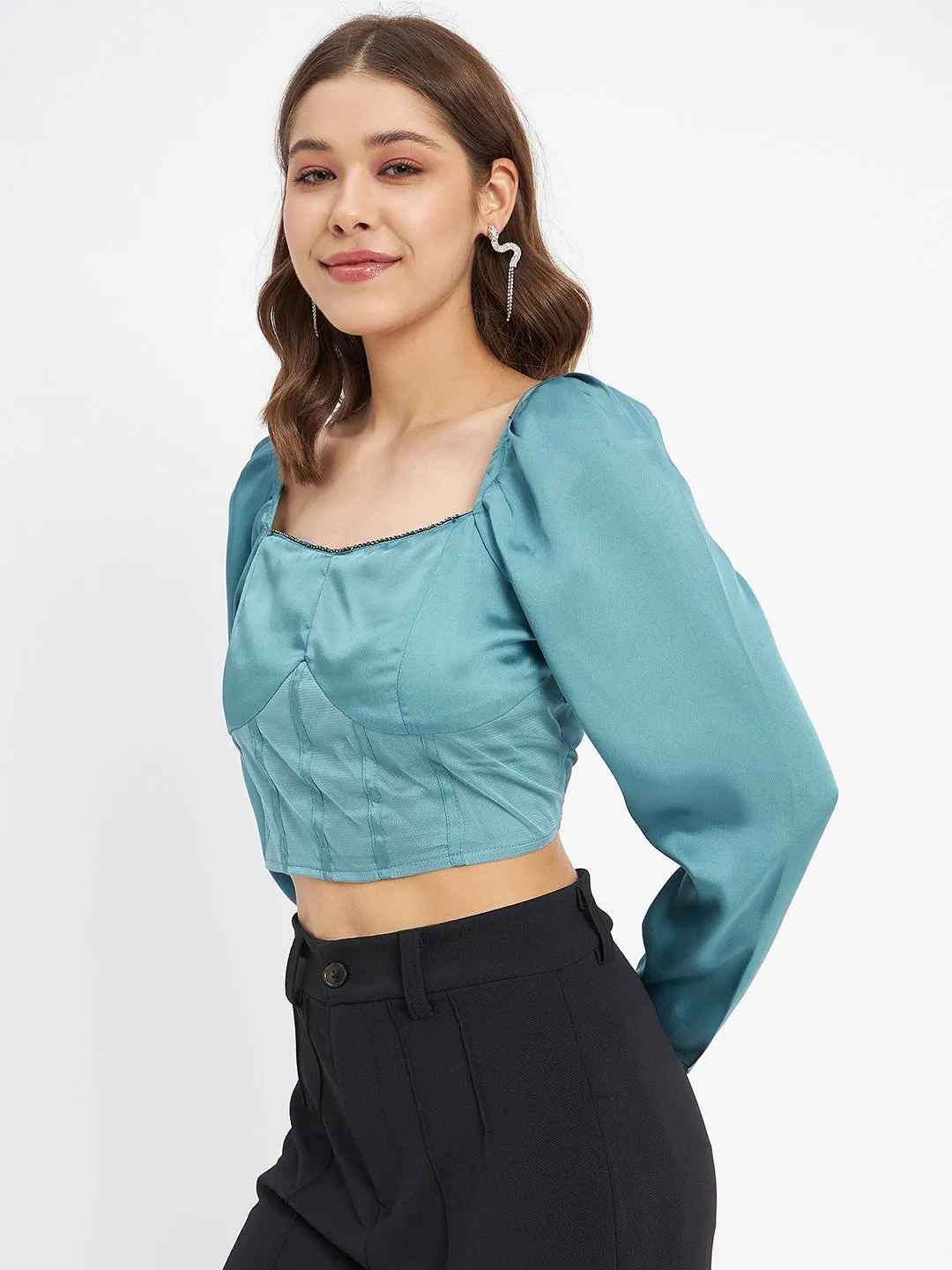 retro look Busy Glow Madame Embellished Detail Corset Style Blue Top
