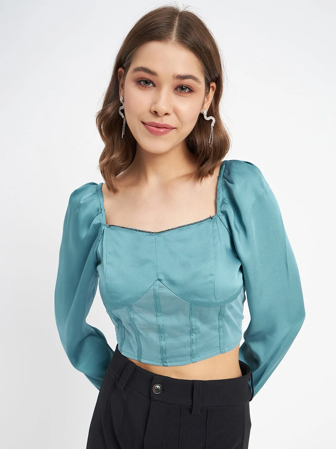 athletic shoes Madame Embellished Detail Corset Style Blue Top