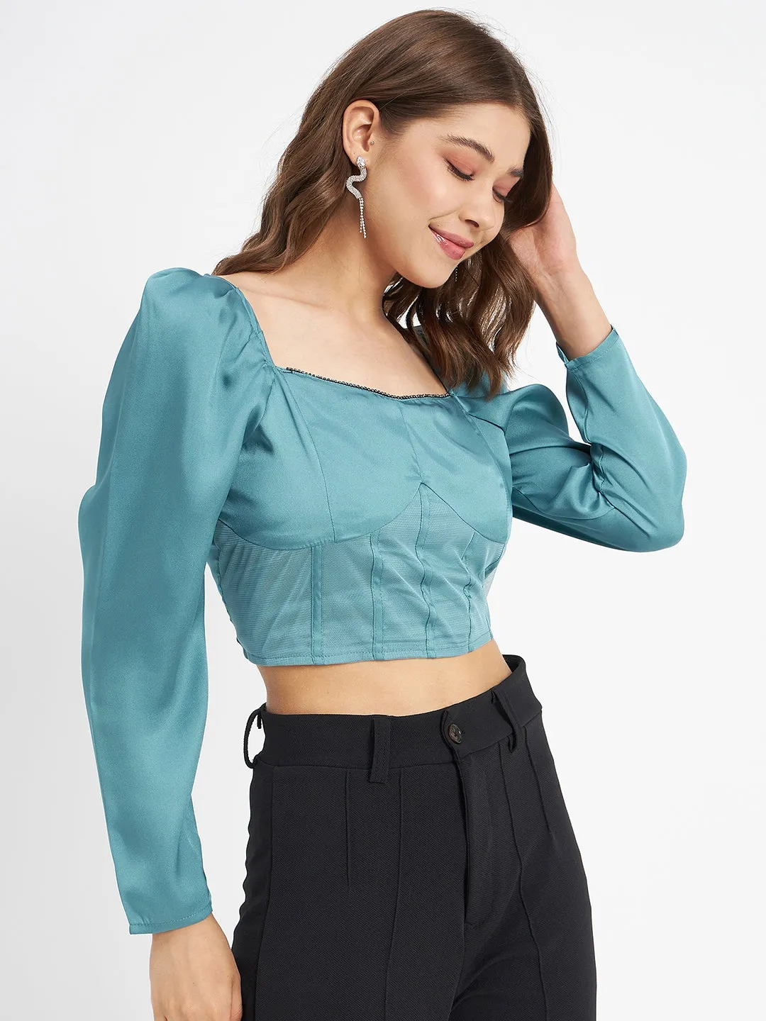 Green Fit Effortless Style Madame Embellished Detail Corset Style Blue Top