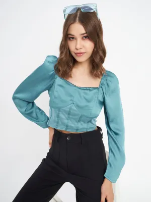 LowMaintenanceFabric Madame Embellished Detail Corset Style Blue Top