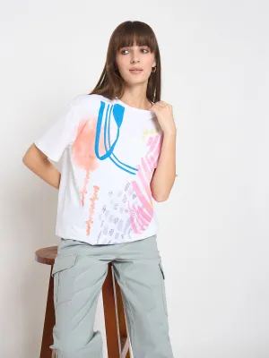 fade resistant color Madame Handwork Detail with Graphic Print White T-shirt