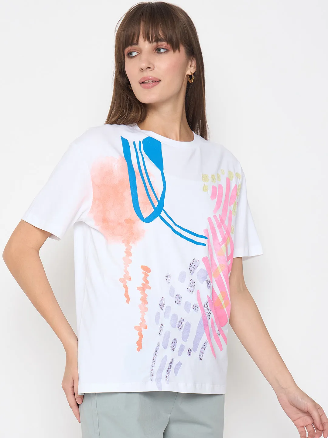 Classic Crew Neck Everyday Style Madame Handwork Detail with Graphic Print White T-shirt