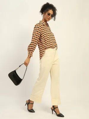 Elastic waist Fashion Layer Madame Straight Leg Off White Trousers