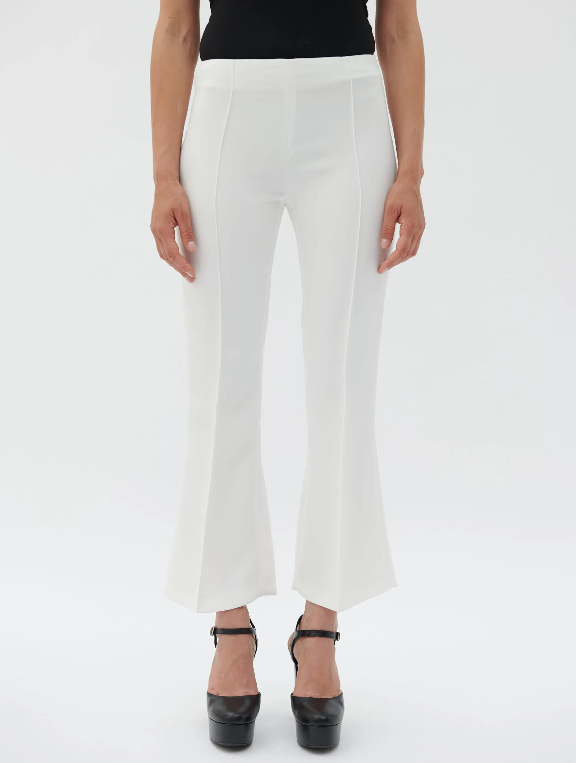 White crepe 7/8 length flared trousers Metallic accents Casual Comfort