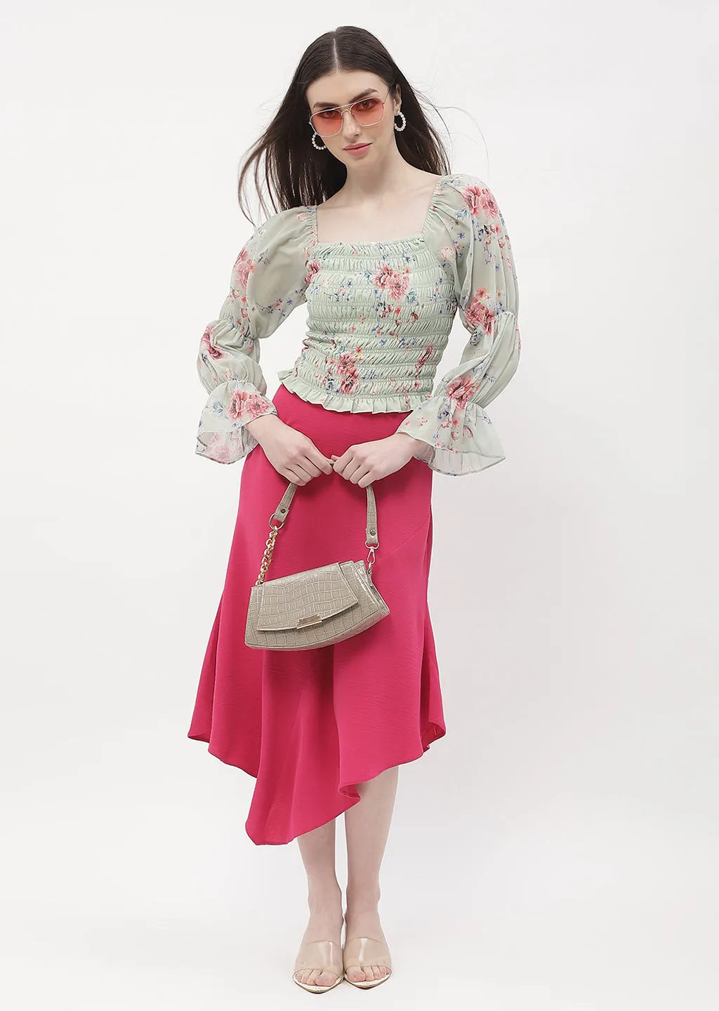 Mind Glow Madame Floral Mint Green Smocked Top