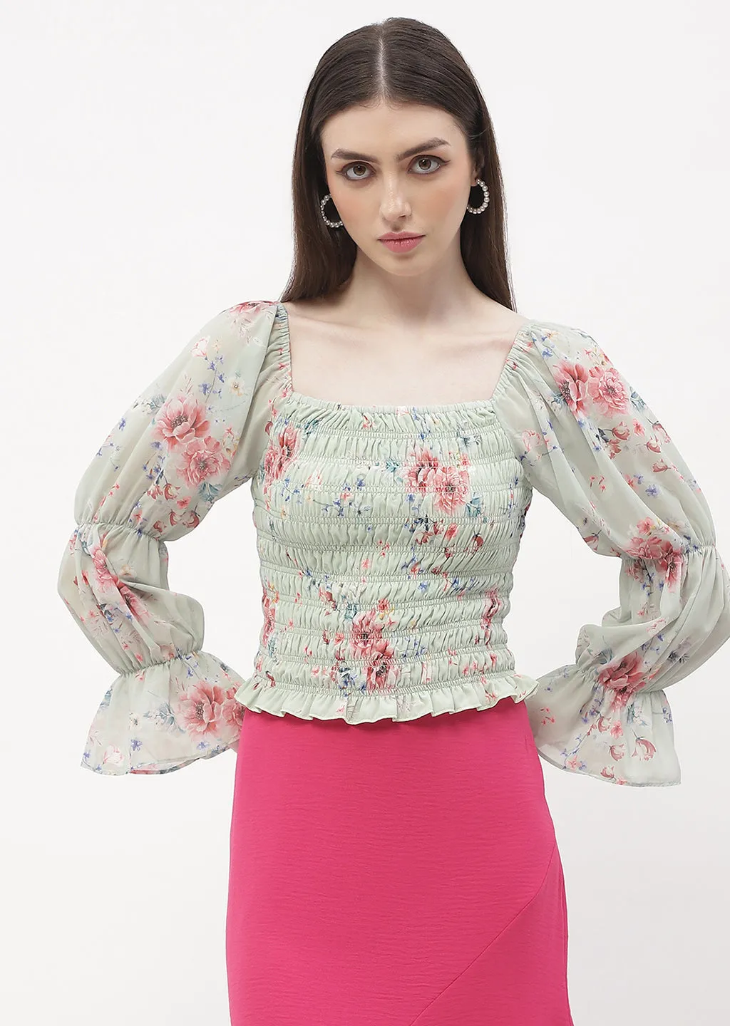 AntiStatic Treatment Harbor Style Madame Floral Mint Green Smocked Top