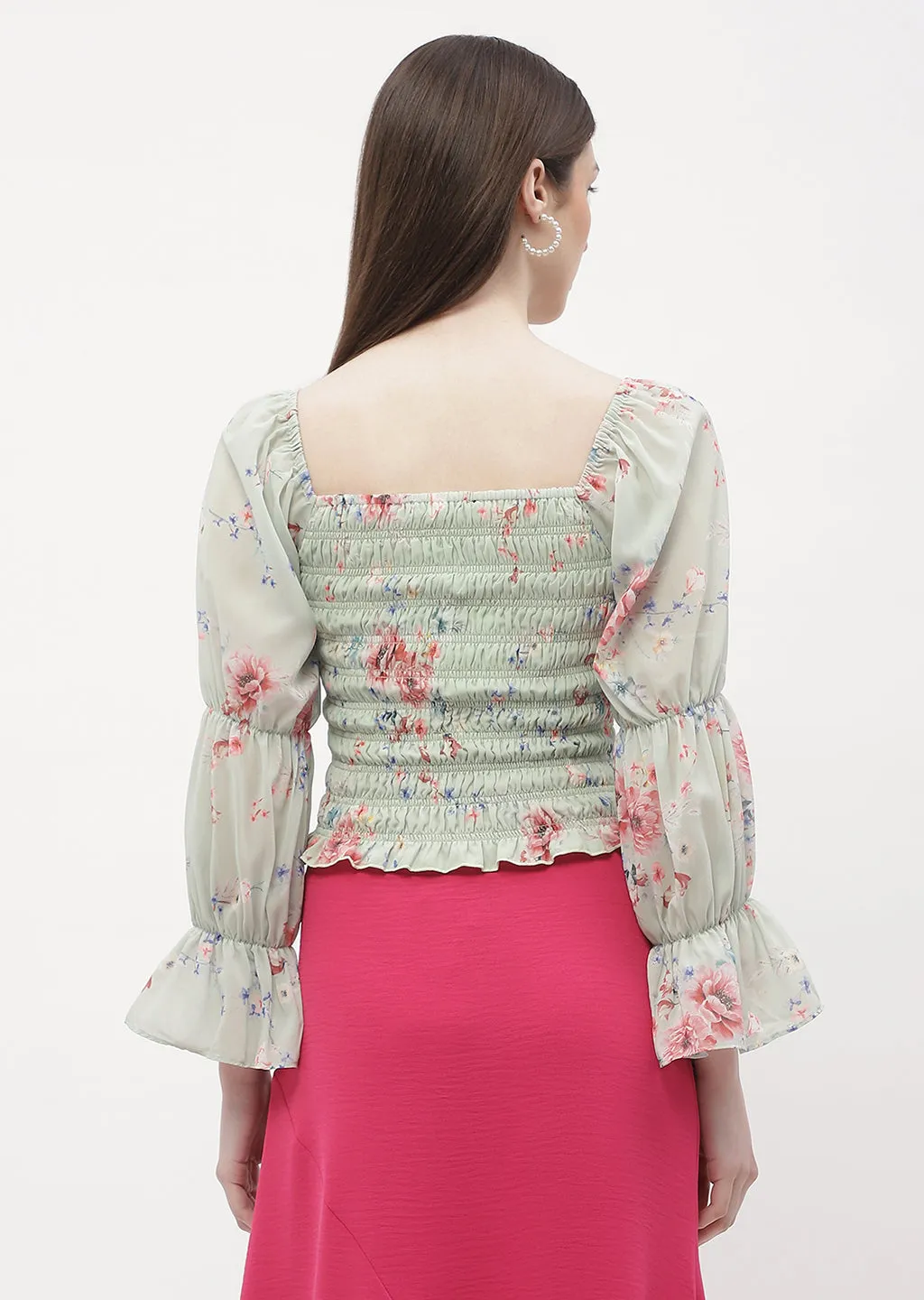 Fashion Forward Madame Floral Mint Green Smocked Top