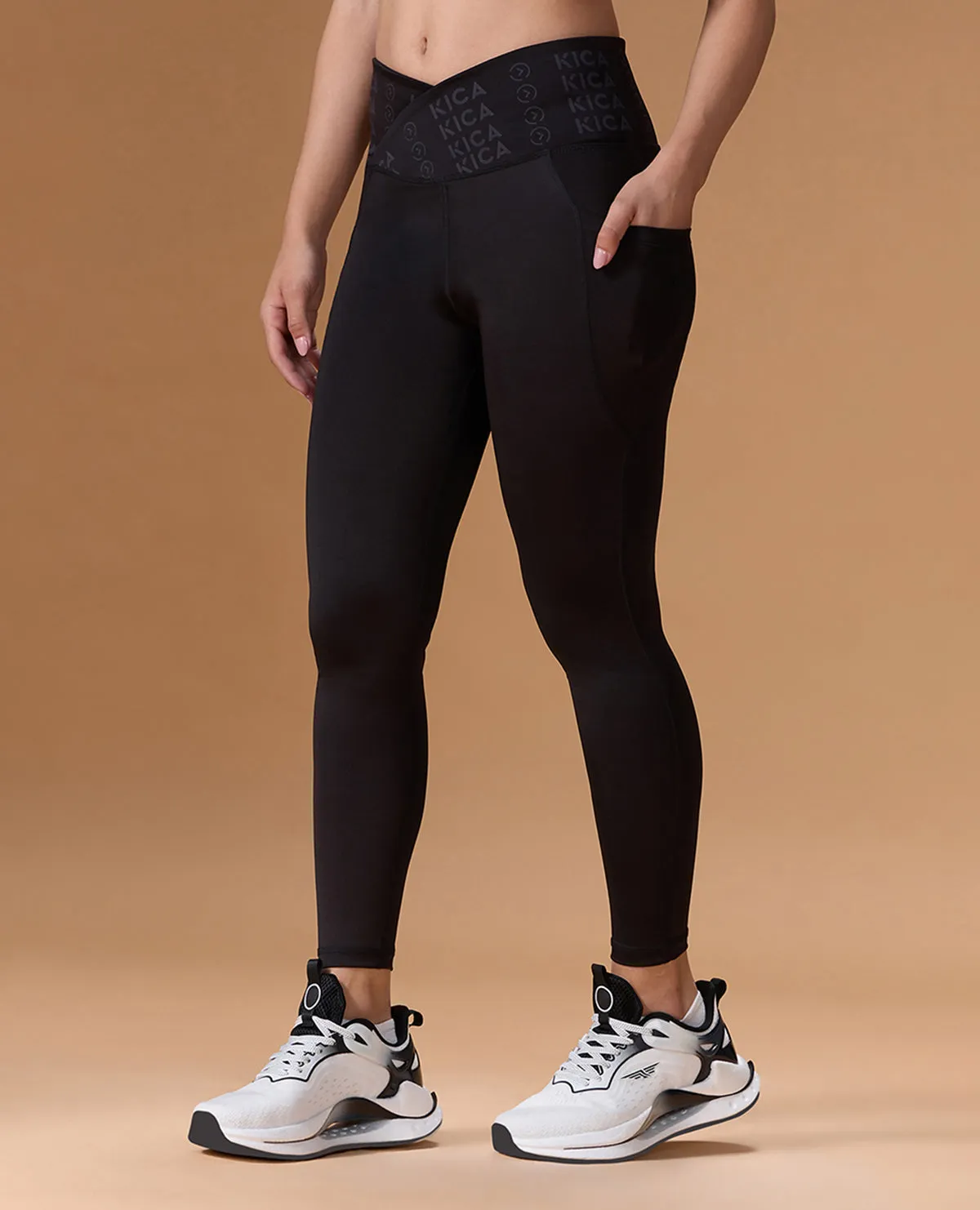 Reflective Logo Detail Breathable Fit Women Cross Waist Mid Rise Leggings