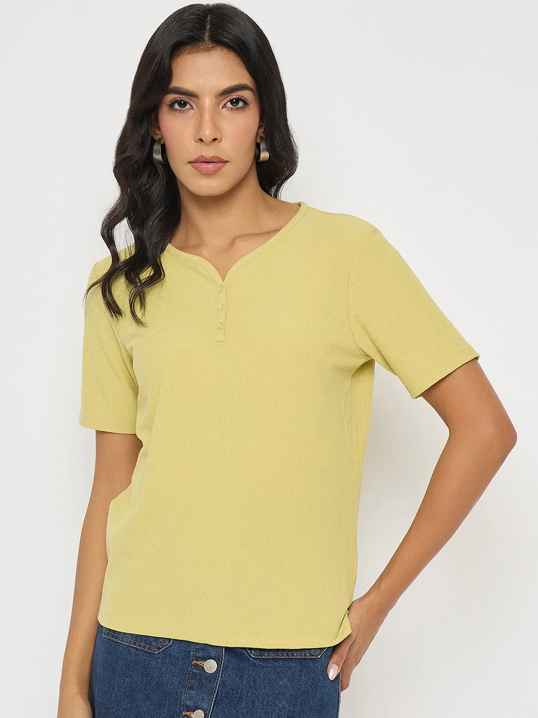 Casual Vibe Wear Madame Henley Neck Solid Mustard Yellow T-Shirt