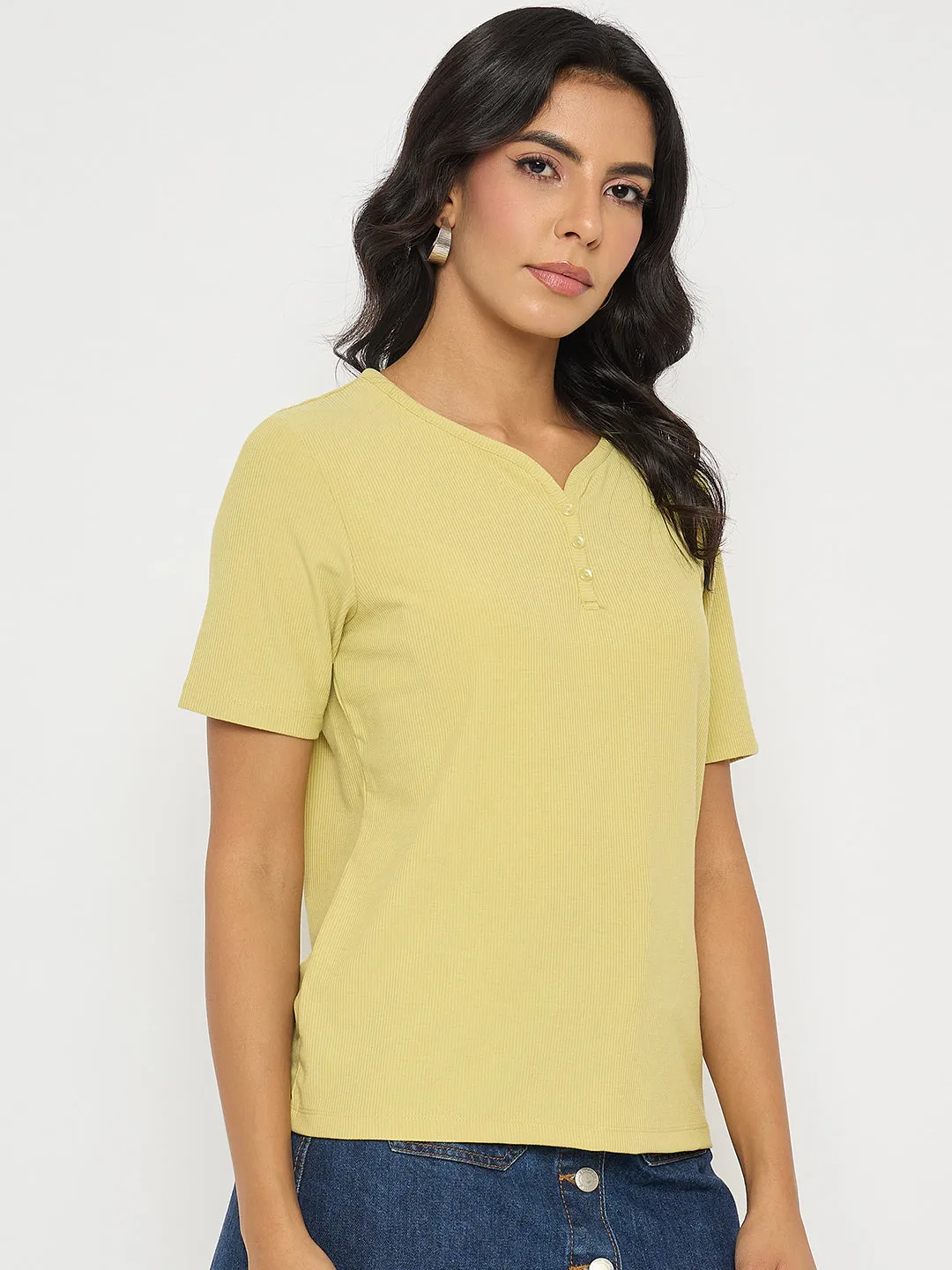Non Iron Fabric Casual Essentials Madame Henley Neck Solid Mustard Yellow T-Shirt