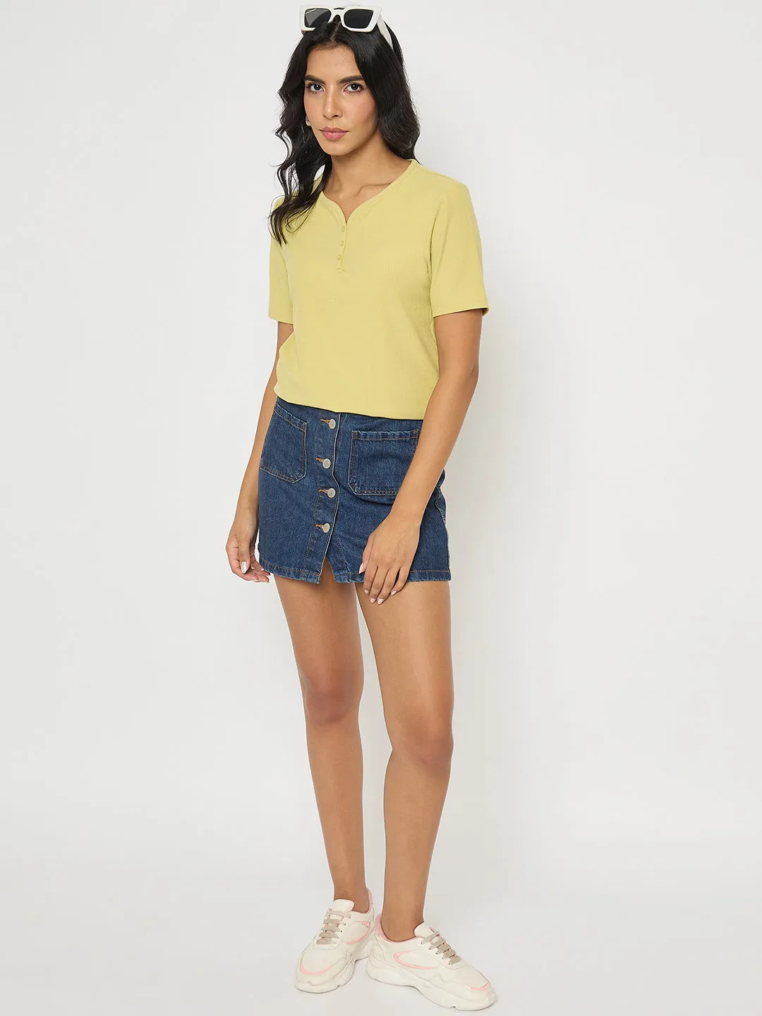 Madame Henley Neck Solid Mustard Yellow T-Shirt Non Restrictive Silhouette
