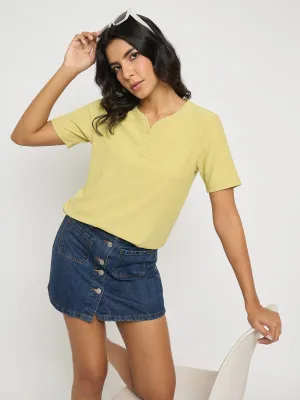 quick dry Madame Henley Neck Solid Mustard Yellow T-Shirt