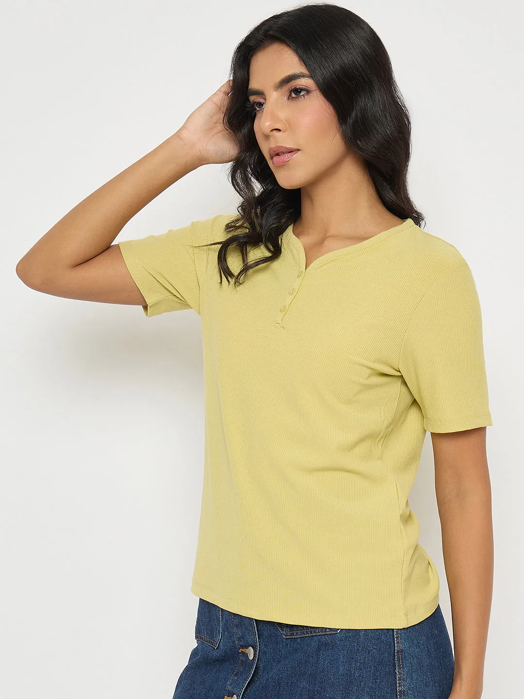 Vintage Wash Business Meeting Madame Henley Neck Solid Mustard Yellow T-Shirt