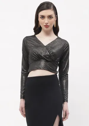 Madame Sweetheart Neck Black Shimmery Crop Top Stylish Bottom