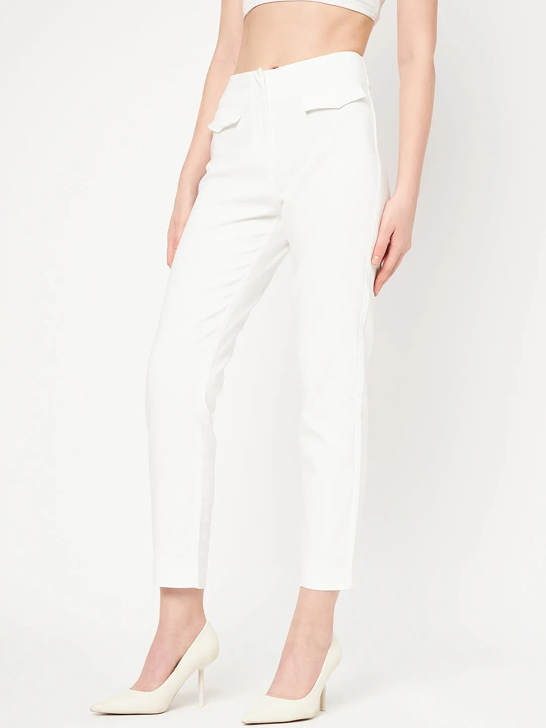 Street Style Breathable Stretch Madame White Solid Trouser