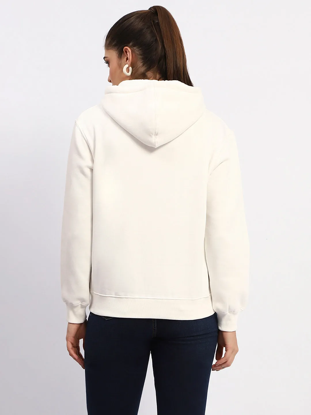 Madame White Graphic Printed Hoodie Sweatshirt scarf accents Cozy Look