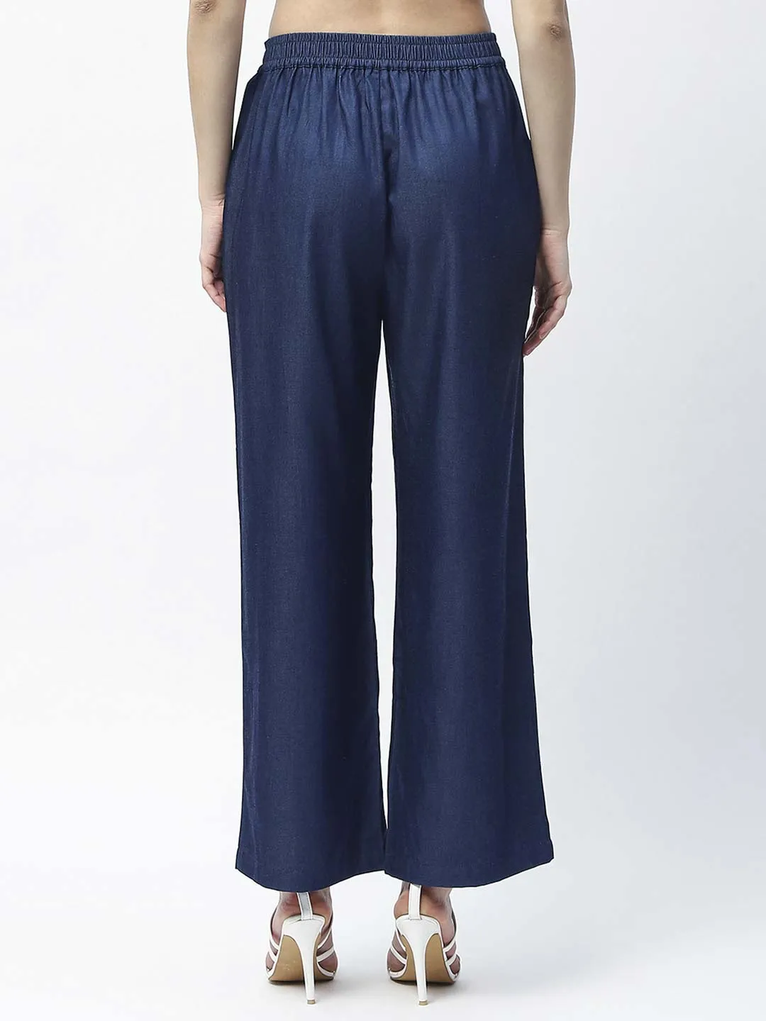 Madame Wide Leg Navy Blue Cotton Blend Trousers Cozy Feel Adjustable Waist