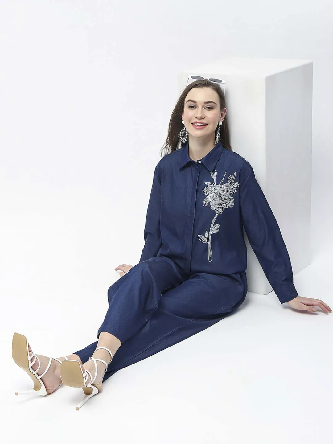 ReinforcedStitching Madame Wide Leg Navy Blue Cotton Blend Trousers