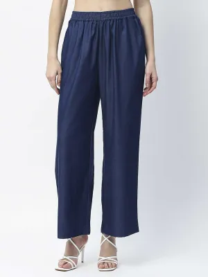 Madame Wide Leg Navy Blue Cotton Blend Trousers Carbon Infused Fabric