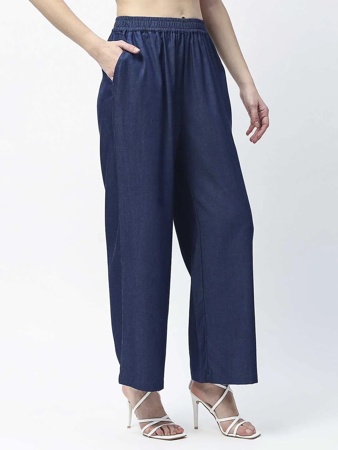 Madame Wide Leg Navy Blue Cotton Blend Trousers QuickReleaseFastenings Cozy Touch