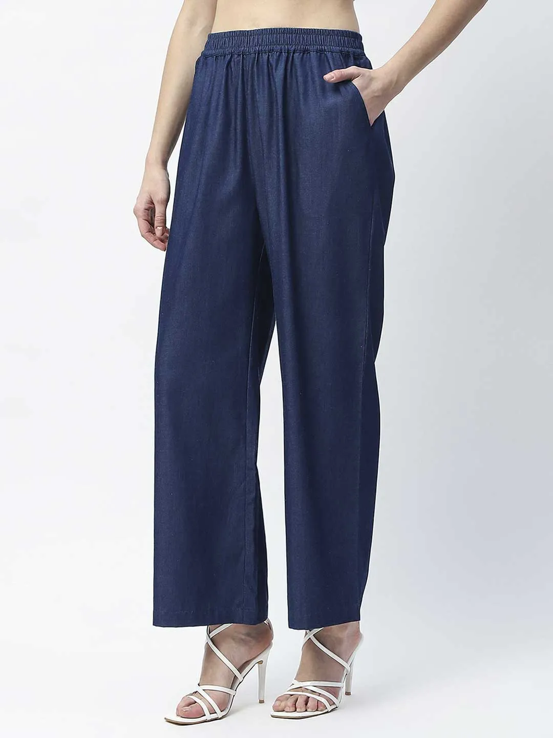 Fitted waist Madame Wide Leg Navy Blue Cotton Blend Trousers