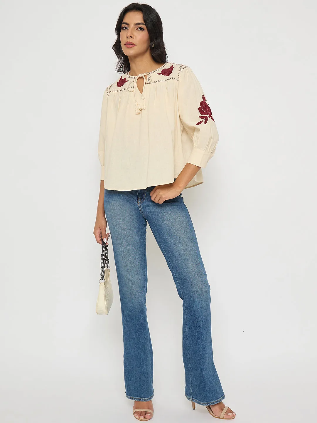 Madame Floral Embroidered Tie Neck Beige Top Organic Cotton Certification New Yorker