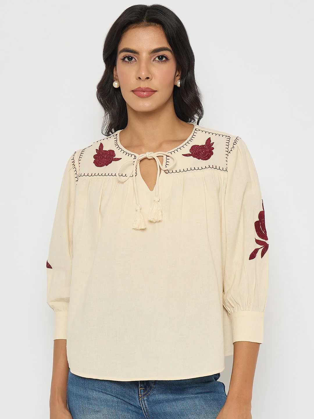 Reflective accents ChafeResistant Seams Madame Floral Embroidered Tie Neck Beige Top