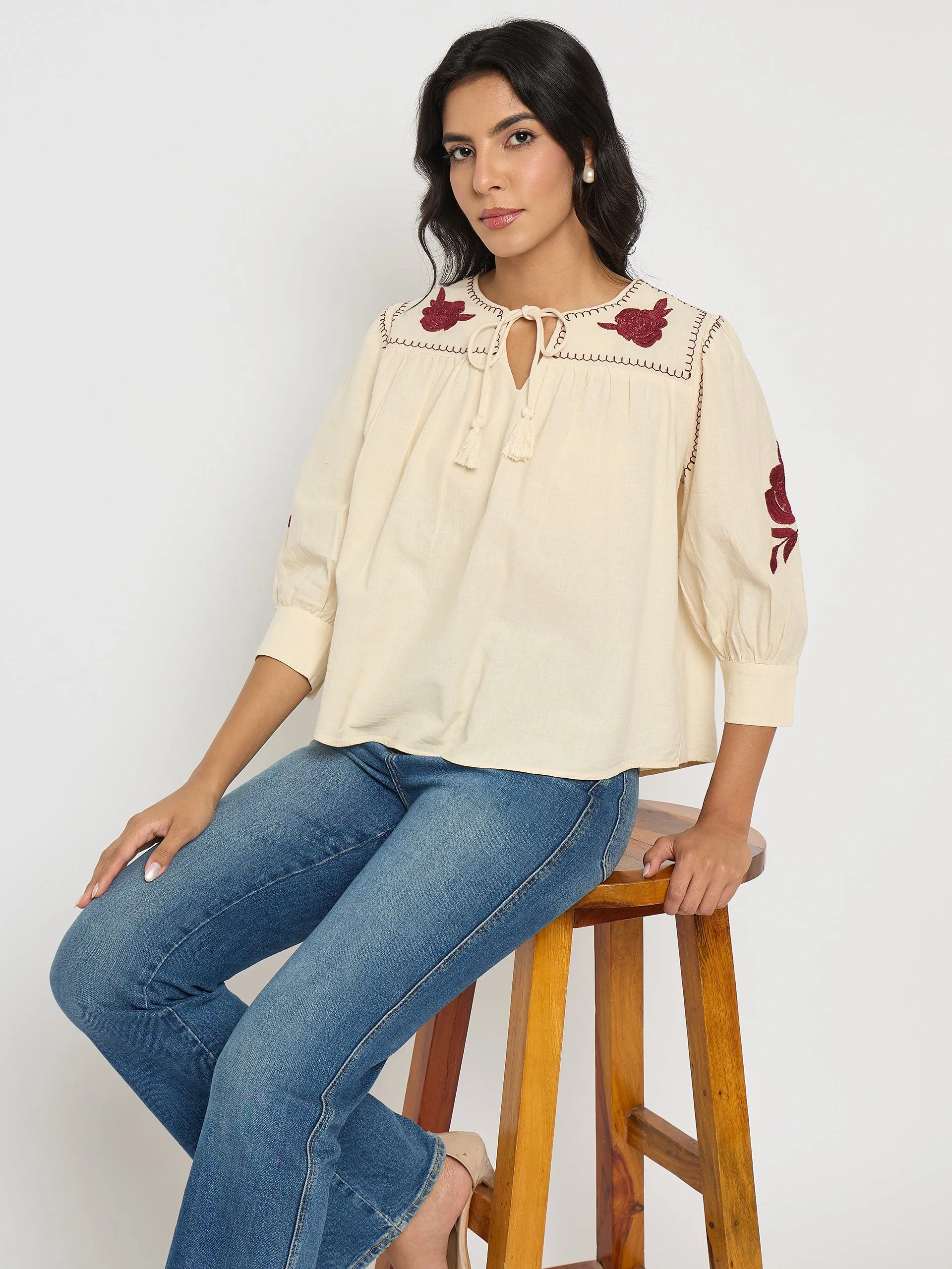 Madame Floral Embroidered Tie Neck Beige Top StainlessZippers Eco-Friendly Material