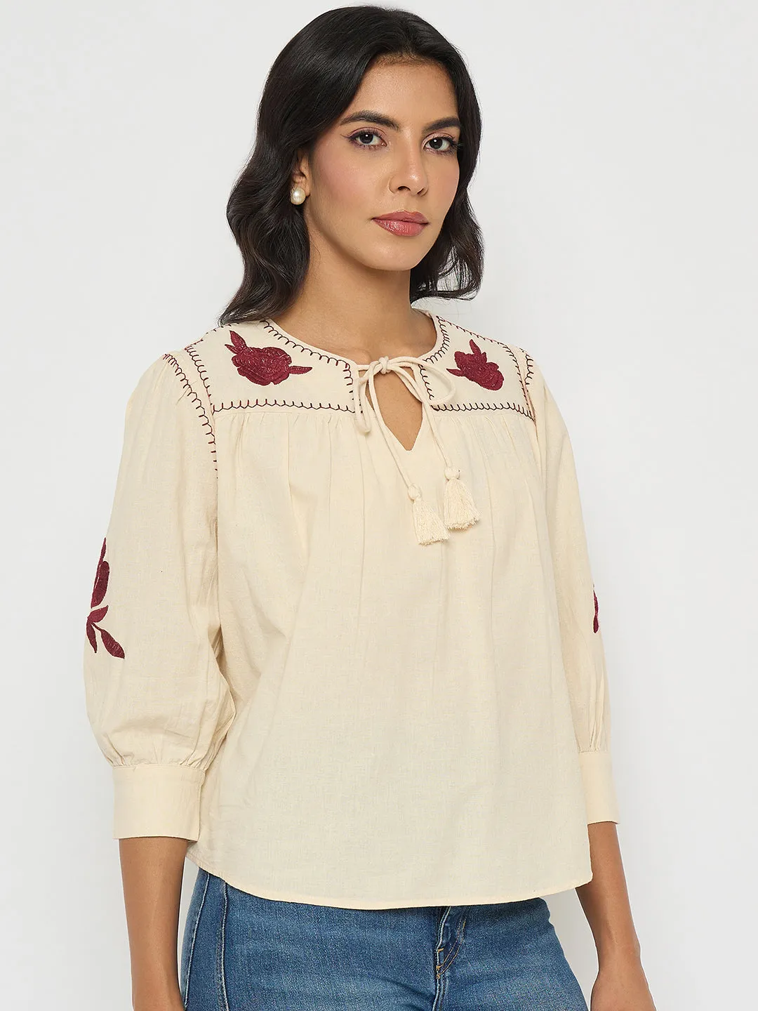 Madame Floral Embroidered Tie Neck Beige Top Comfortable Pants