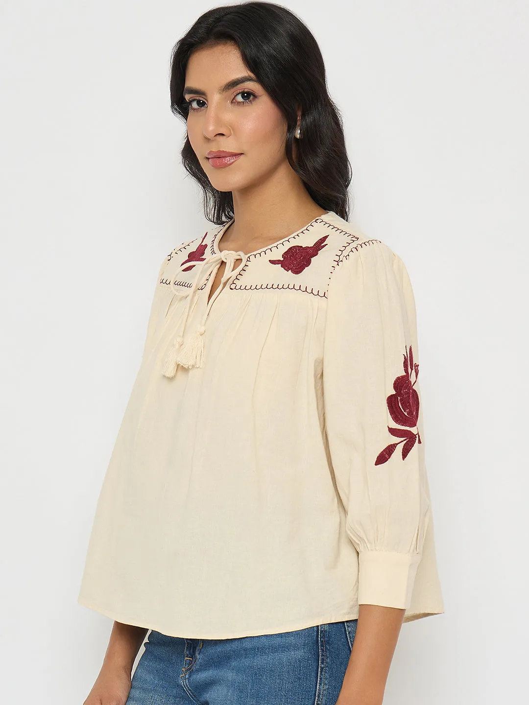 Couple Look Madame Floral Embroidered Tie Neck Beige Top