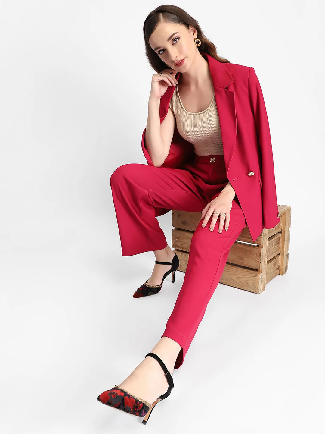 Madame Straight Fit Flared Hot Pink Trousers No Ride Up