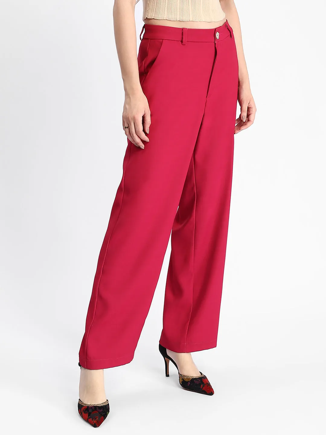 ReinforcedStitching Madame Straight Fit Flared Hot Pink Trousers