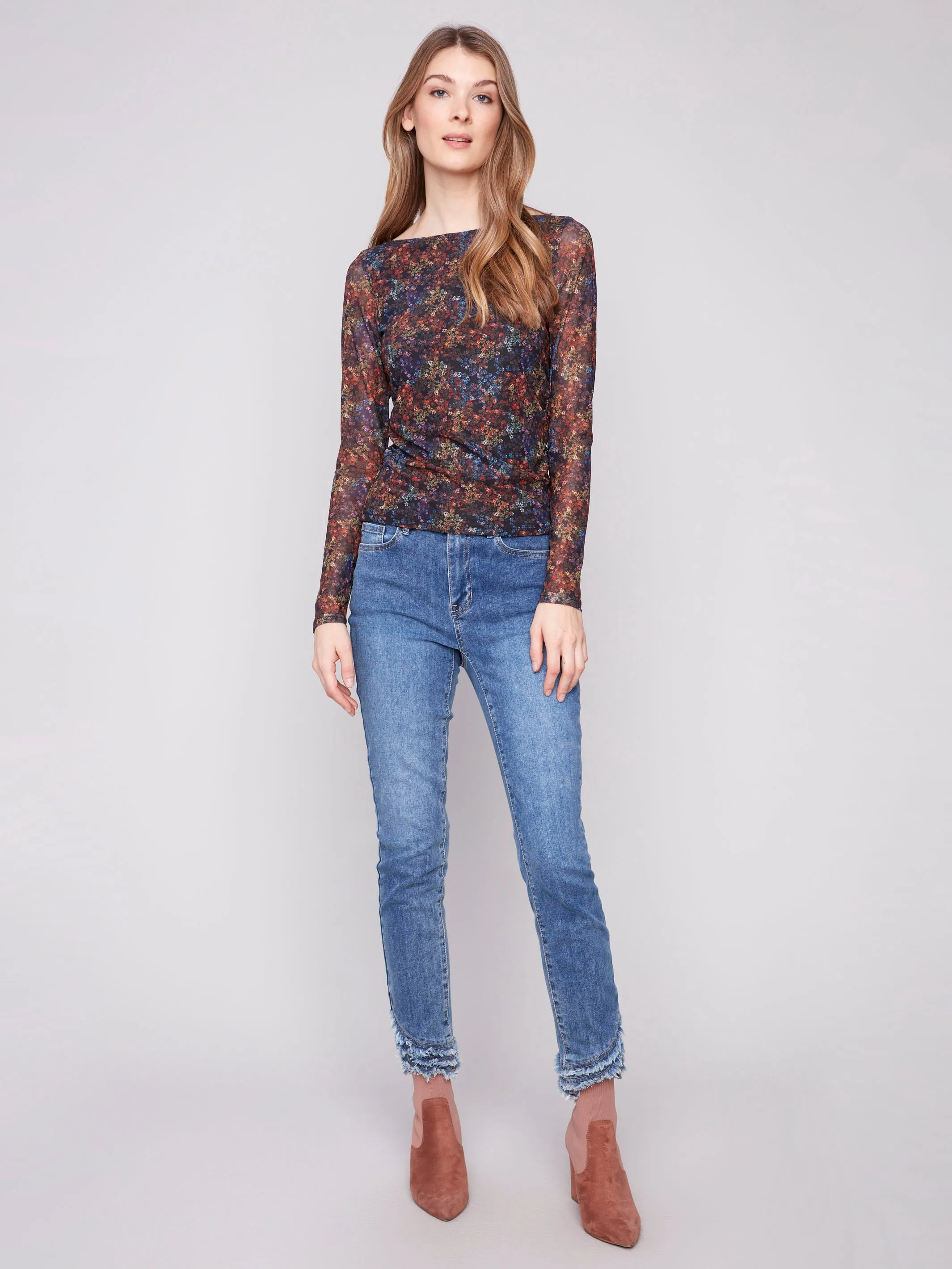Hero Mode Printed Ruched Mesh Top - Floret