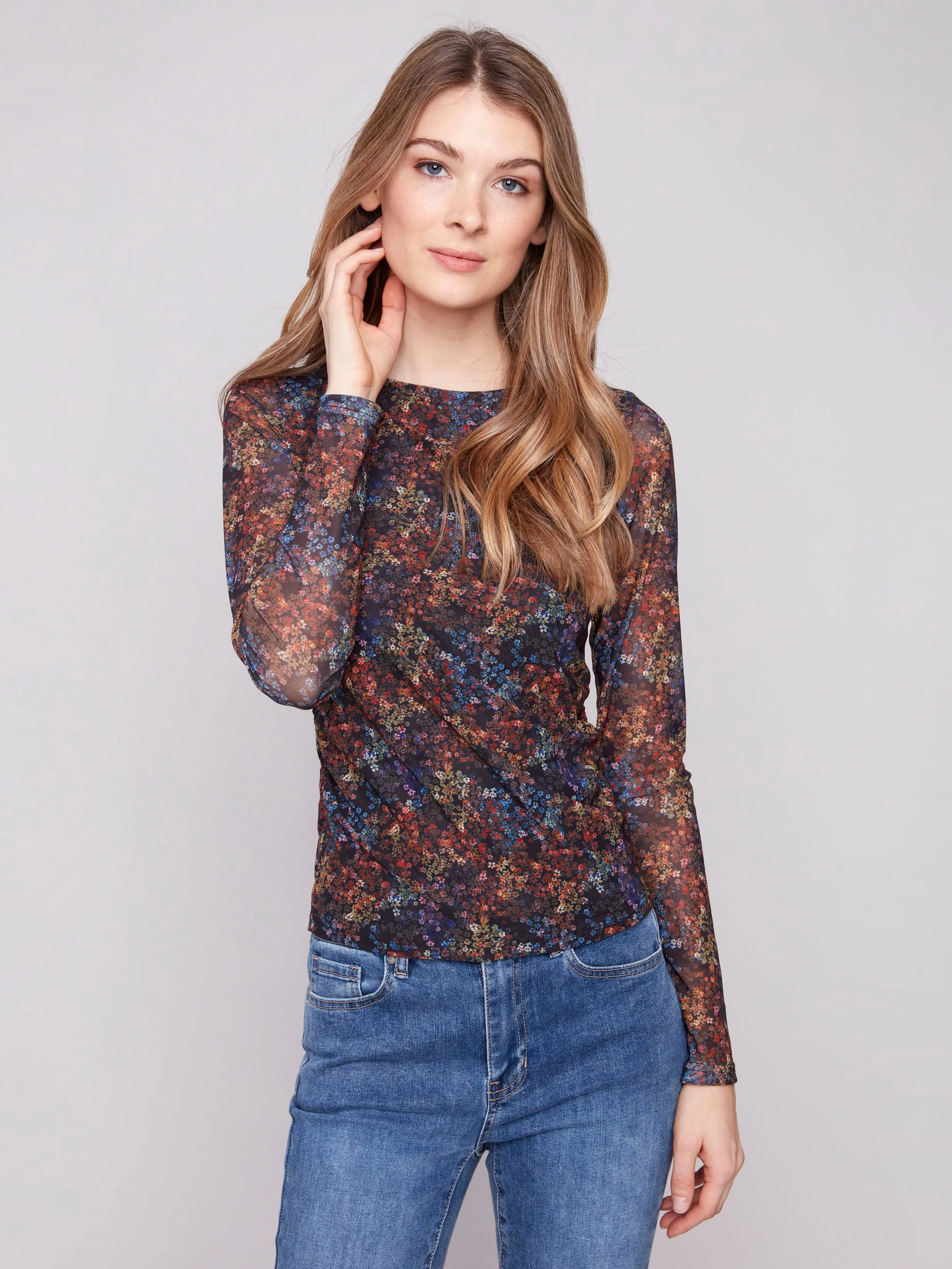 Printed Ruched Mesh Top - Floret Charm Core FormFitting Cut