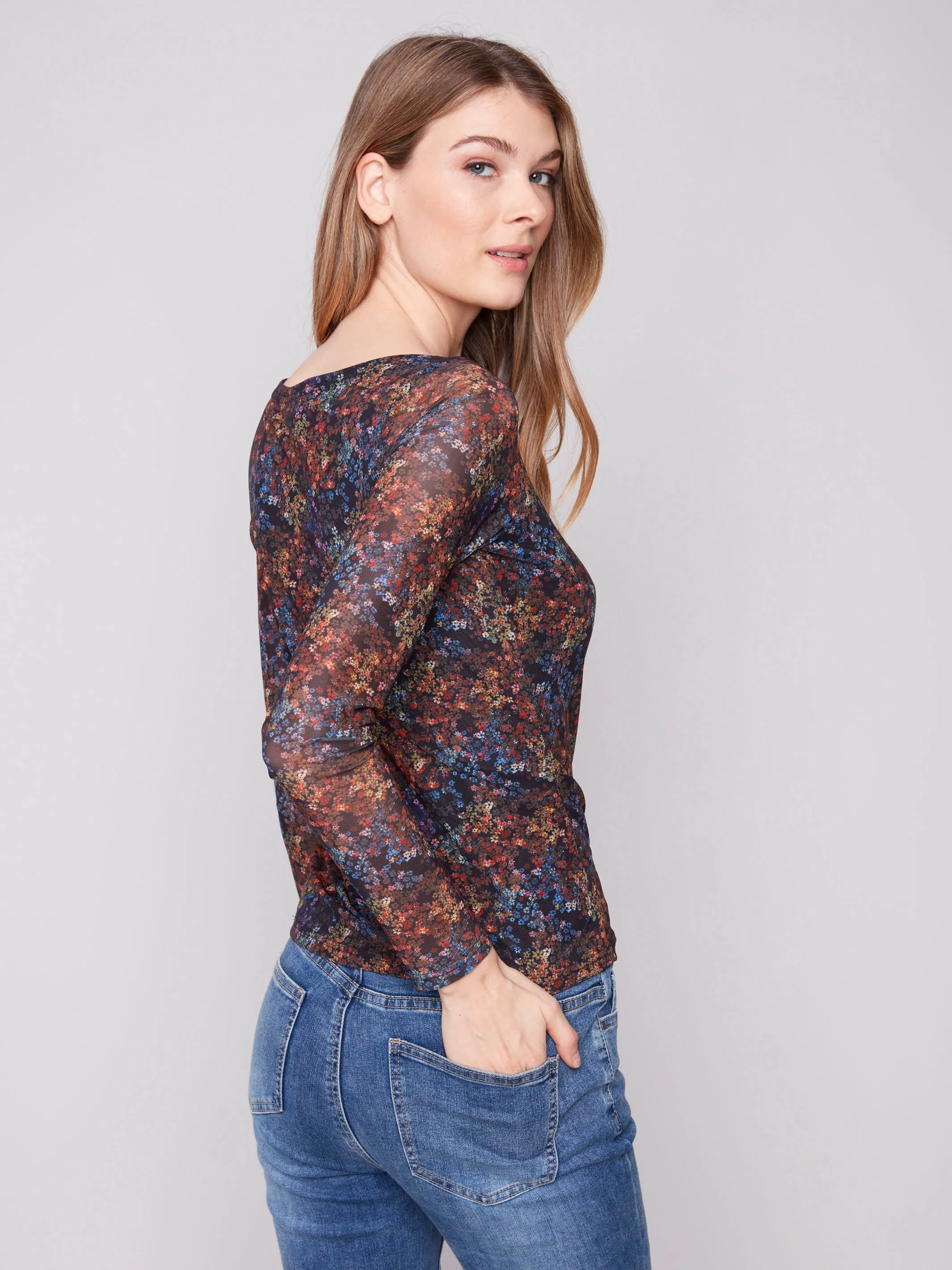 Printed Ruched Mesh Top - Floret WrinkleFree Material Active Fit