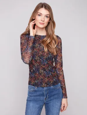 Printed Ruched Mesh Top - Floret Charm Core FormFitting Cut