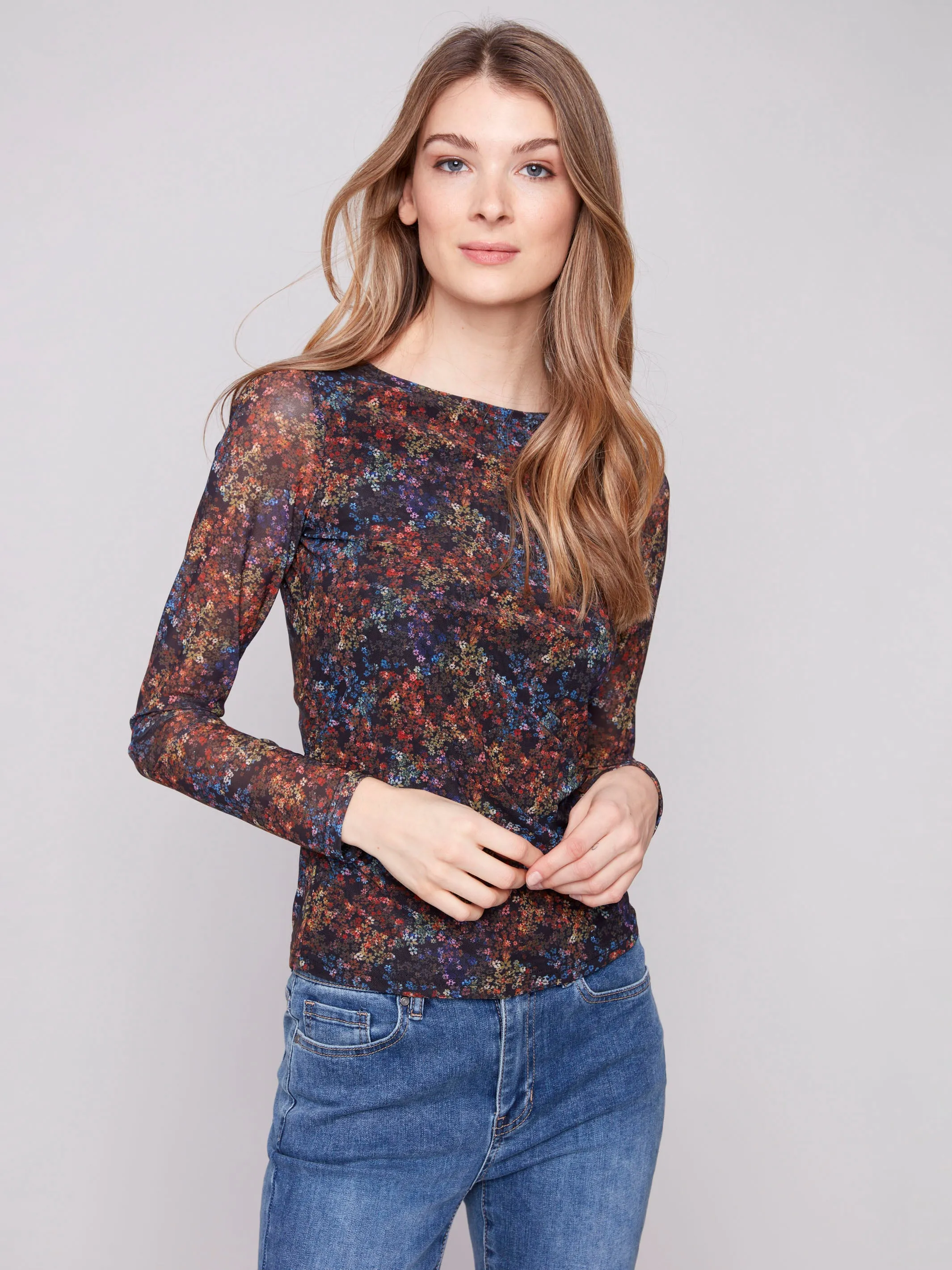Printed Ruched Mesh Top - Floret Polish Core