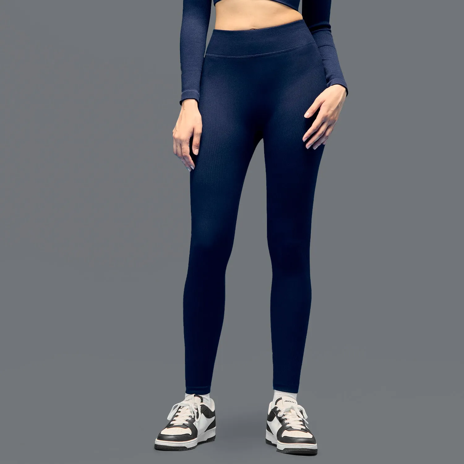 Adjustable Drawstring Waist Limitless Snatched Ribbed Legging - Navy Blue