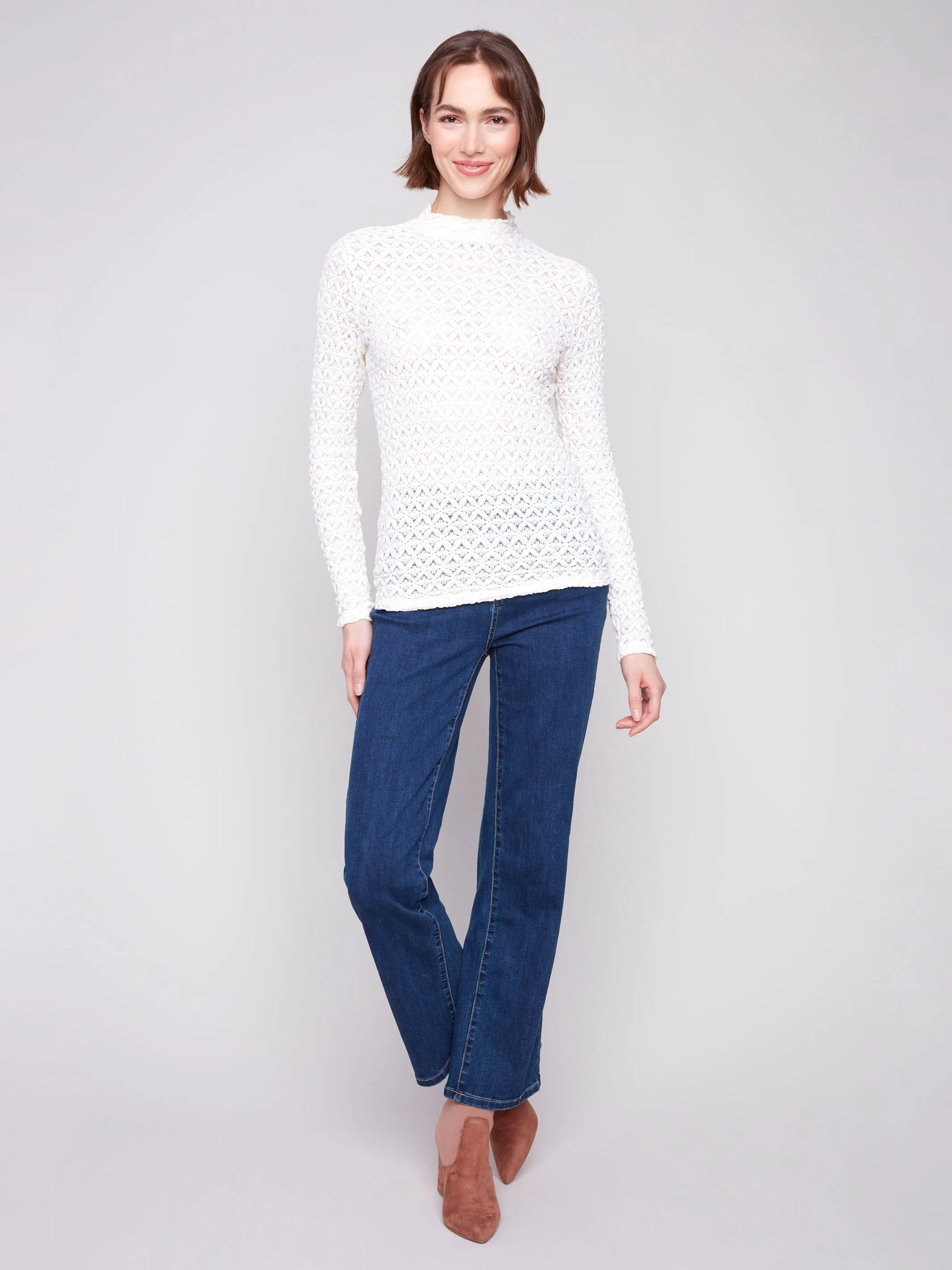 Snow Ready Comfortable clothing Lace Mock Neck Top - Ecru