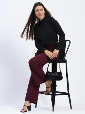Madame Wide Legged Solid Plum Trousers SmoothZipClosure
