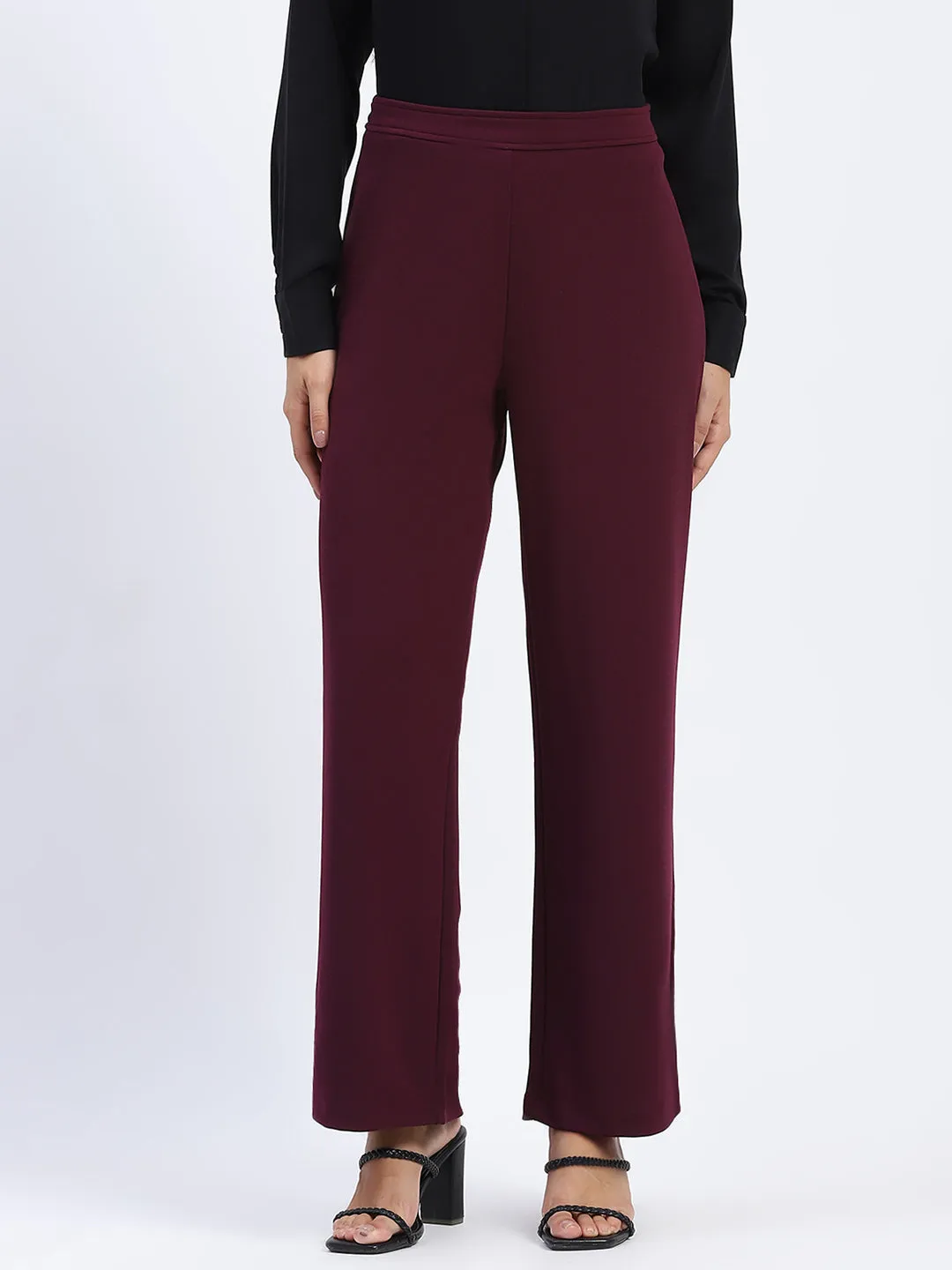 Madame Wide Legged Solid Plum Trousers slim fit
